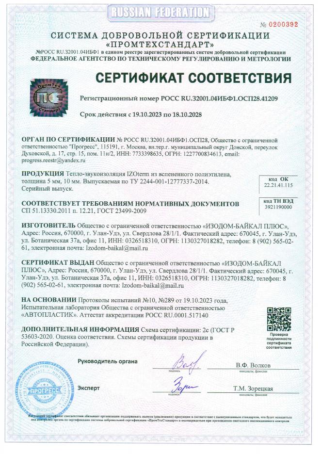 Сертификат — тепло-звукоизоляция