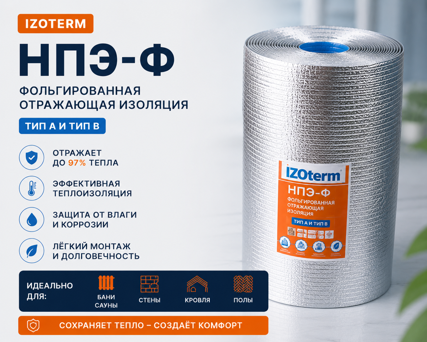 IZOterm НПЭ-Ф — Фольгированная отражающая изоляция (тип А и В)